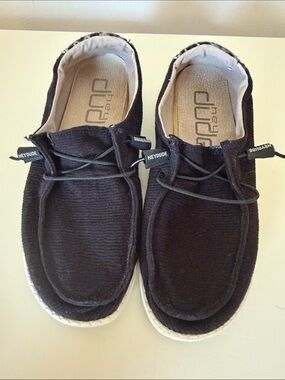 Hey Dude Womens Slip-On Black Corduroy with White Leopard Heel